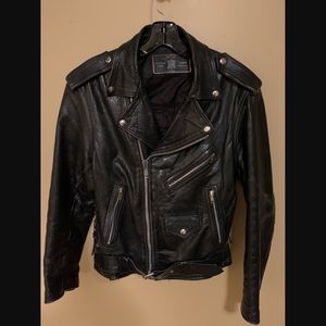 Vintage Biker Jacket-size large black leather retro motorcycle jacket. Unisex.